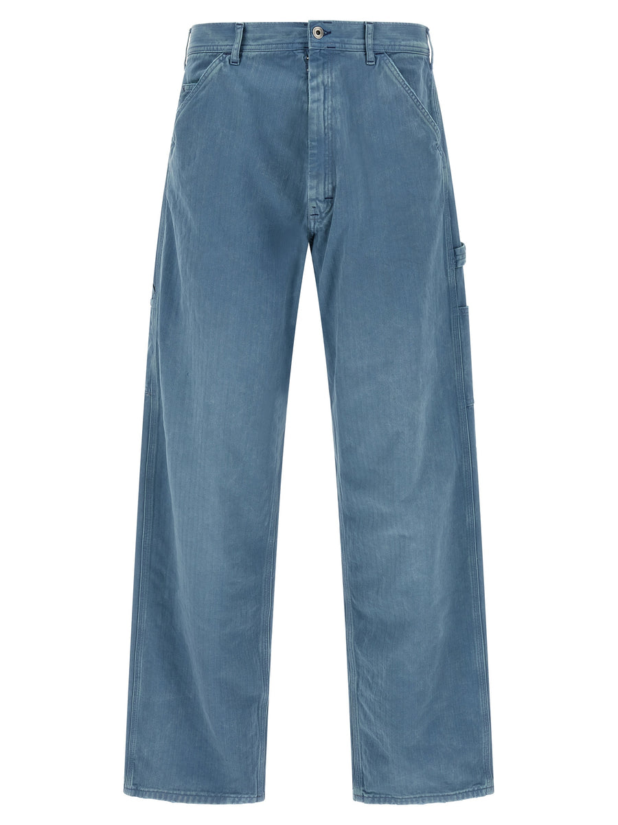 Maison Margiela Herringbone Jeans for Men With Light Blue 100 Percent Cotton Straight Leg Lived In Detail