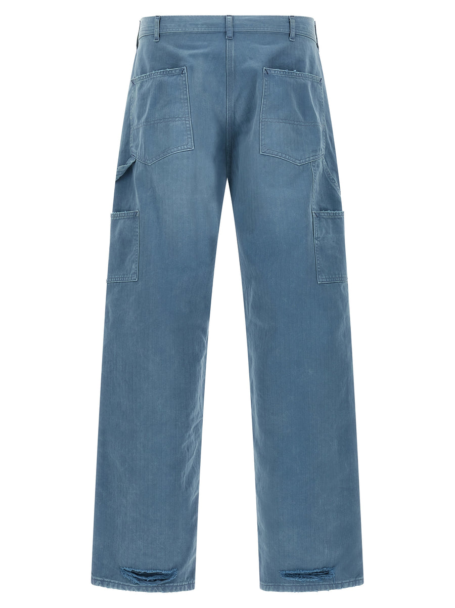 Maison Margiela Herringbone Jeans for Men With Light Blue 100 Percent Cotton Straight Leg Lived In Detail