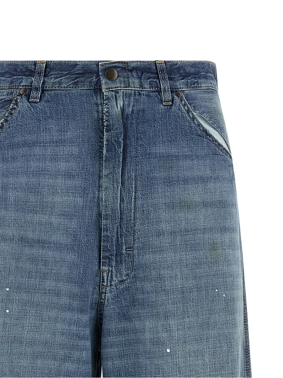 Maison Margiela Four Stitches Jeans For Women With Blue Wide Flare Silhouette And Used Effect Finish