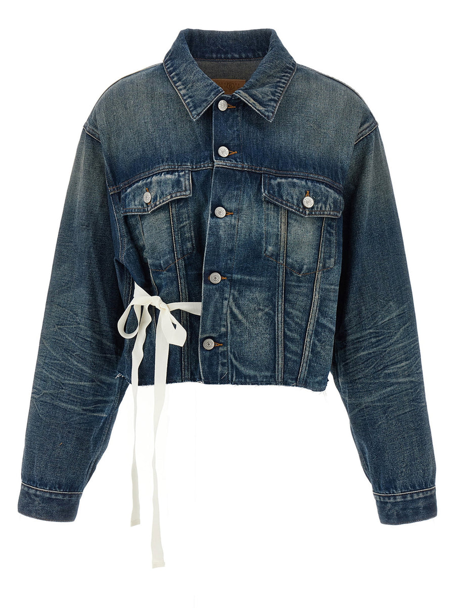Mm6 Maison Margiela Tape Denim Jacket for Women with Luxurious Asymmetric Waist Tie Detail