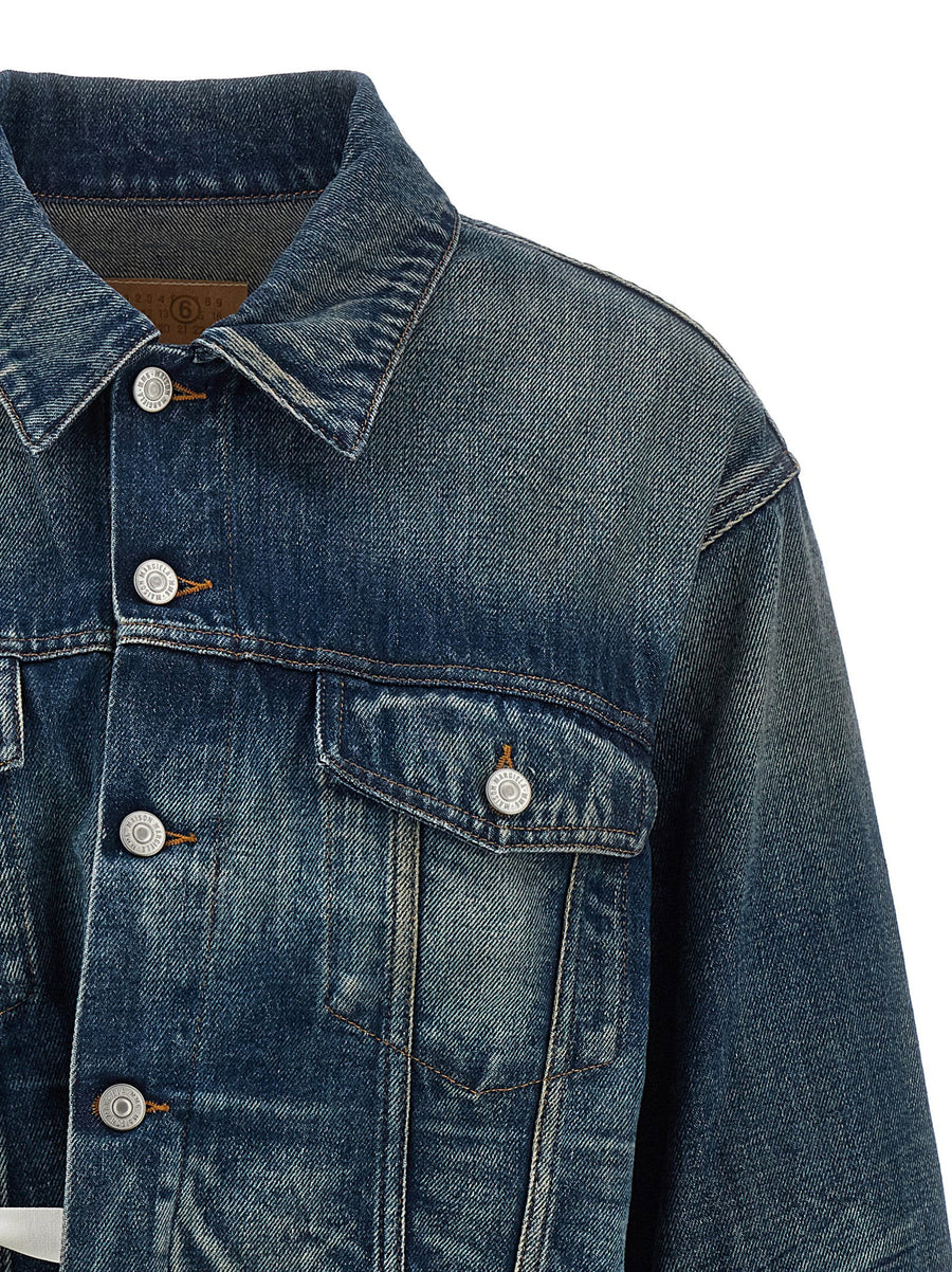 Mm6 Maison Margiela Tape Denim Jacket for Women with Luxurious Asymmetric Waist Tie Detail