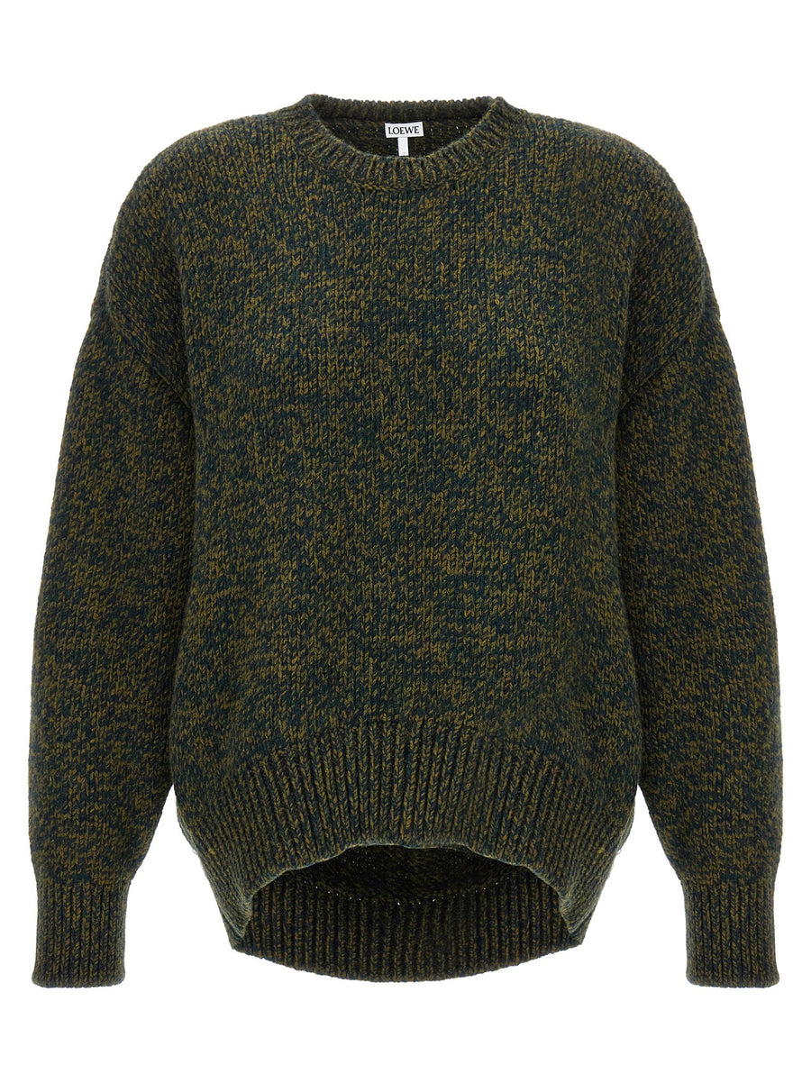 Loewe Double Neck Wool Sweater for Women With Green Melange, Luxurious Boxy Knit