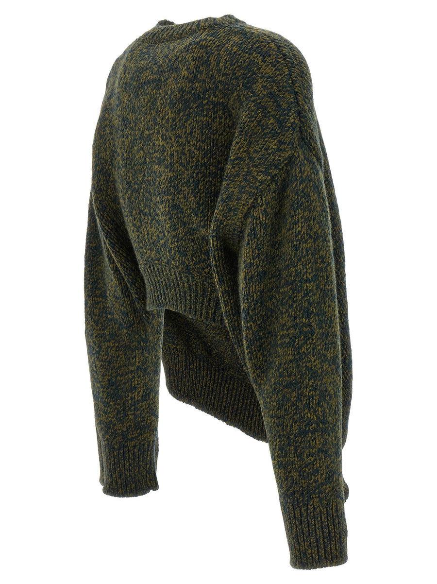 Loewe Double Neck Wool Sweater for Women With Green Melange, Luxurious Boxy Knit