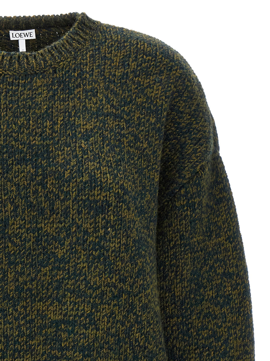 Loewe Double Neck Wool Sweater for Women With Green Melange, Luxurious Boxy Knit