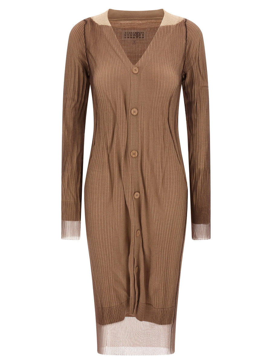 MM6 Maison Margiela Trapped Double Layer Dress For Women Beige Mesh Overlay Luxurious Ribbed Knit