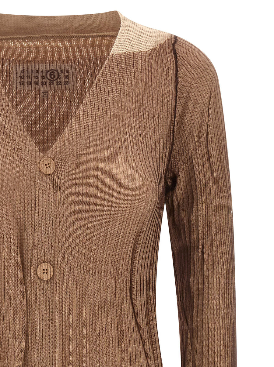 MM6 Maison Margiela Trapped Double Layer Dress For Women Beige Mesh Overlay Luxurious Ribbed Knit
