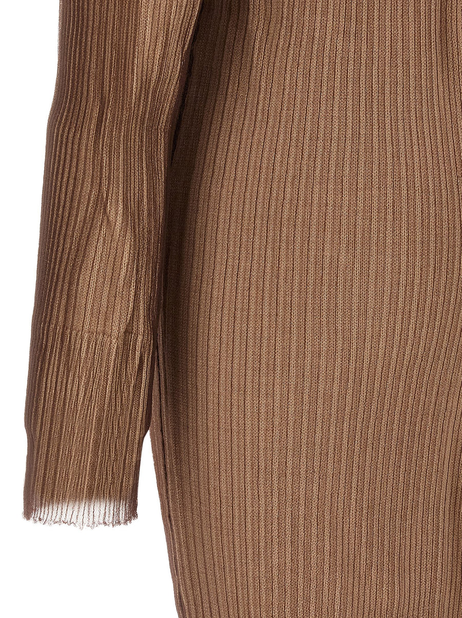 MM6 Maison Margiela Trapped Double Layer Dress For Women Beige Mesh Overlay Luxurious Ribbed Knit