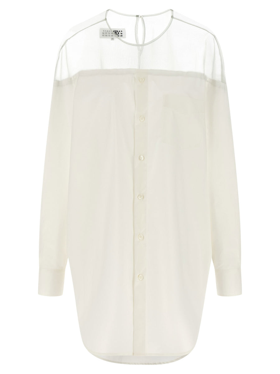 MM6 Maison Margiela Tulle Insert Shirt For Women With Semi Transparent Top And Oversized Cotton Poplin