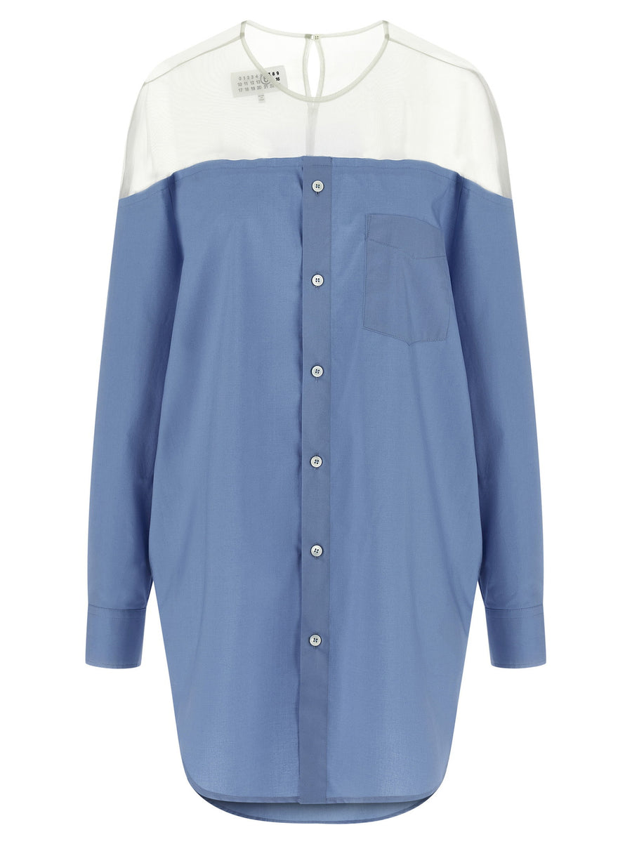 Mm6 Maison Margiela Tulle Insert Shirt For Women Oversized Cotton Poplin Luxury Top With Semi Transparent Panel