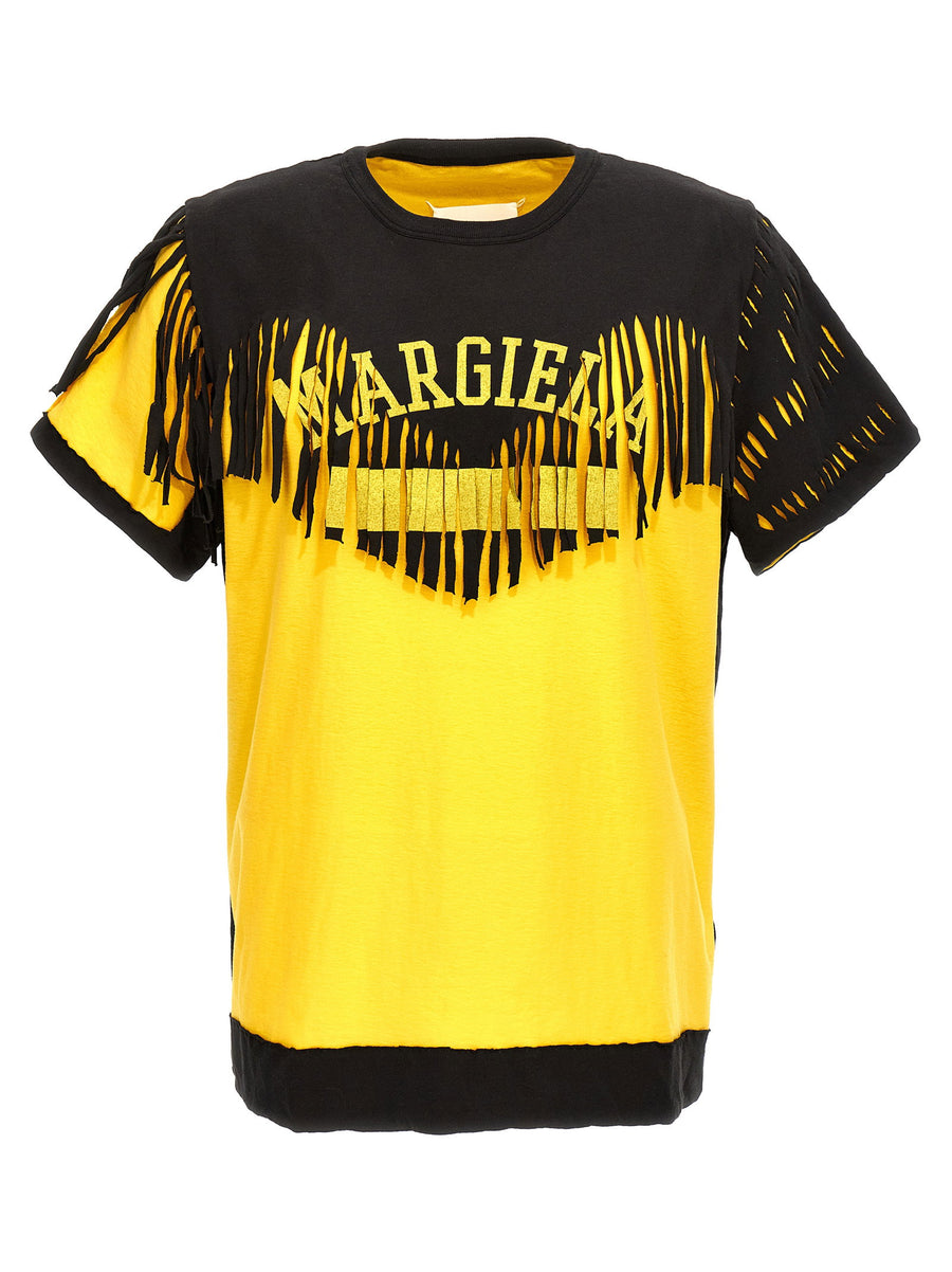 Maison Margiela Double Layer T Shirt Men's Yellow Cotton Tee With Torn Fringed Overlay Bold