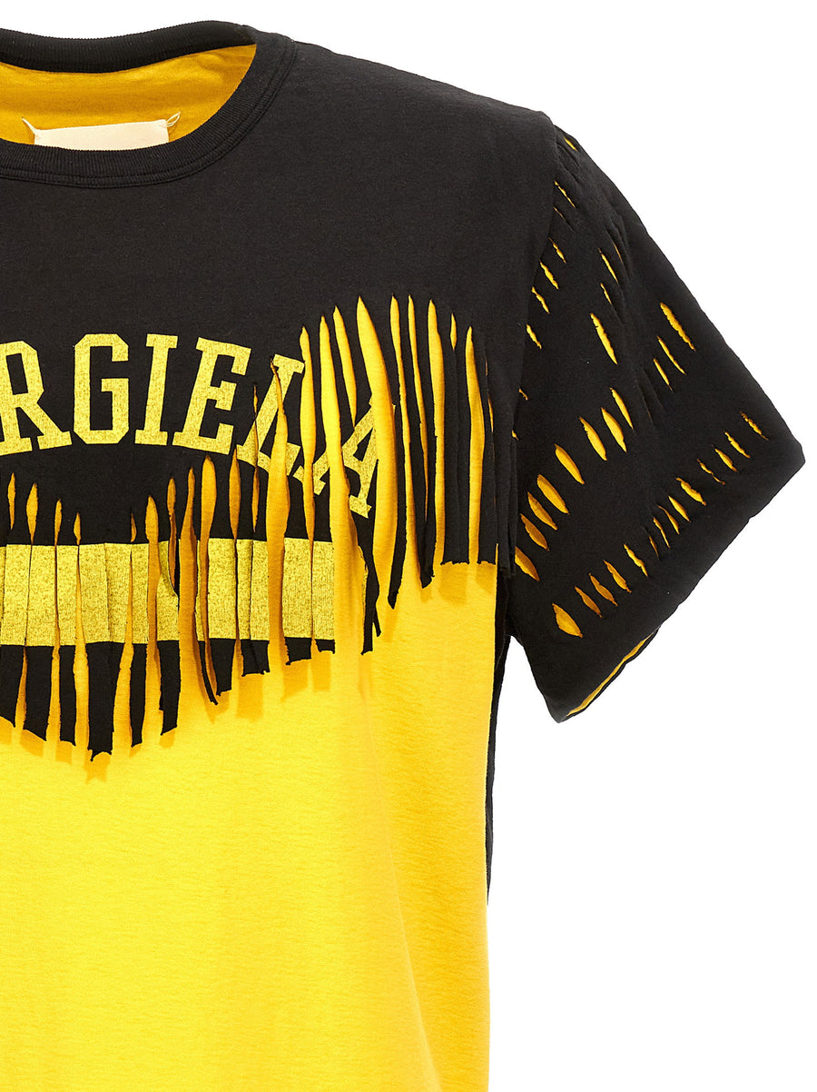 Maison Margiela Double Layer T Shirt Men's Yellow Cotton Tee With Torn Fringed Overlay Bold