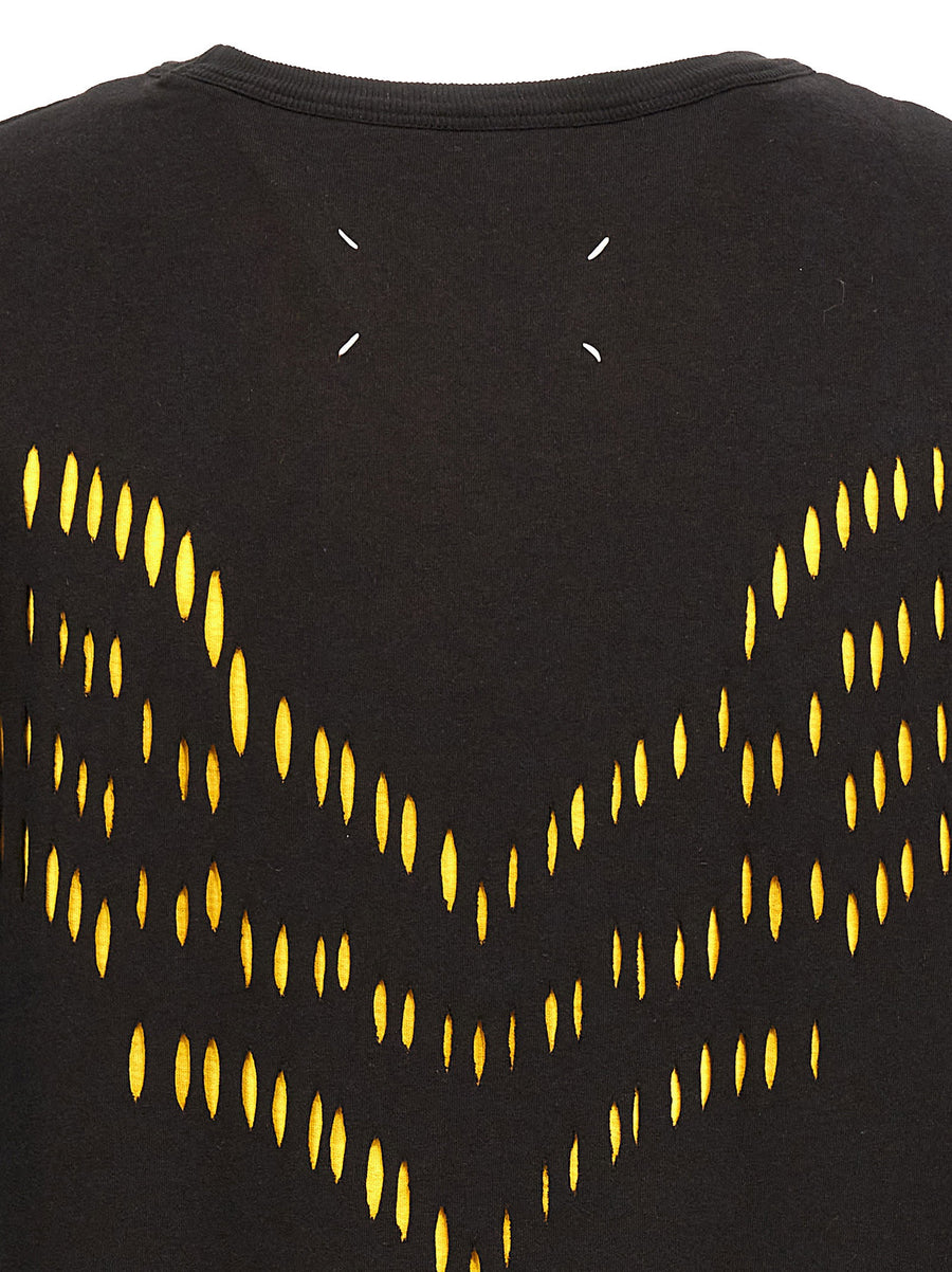 Maison Margiela Double Layer T Shirt Men's Yellow Cotton Tee With Torn Fringed Overlay Bold