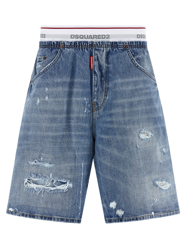 Dsquared2 Surfer Bermuda Shorts For Men Stonewashed 13oz Cotton Denim Blue Elastic Waist