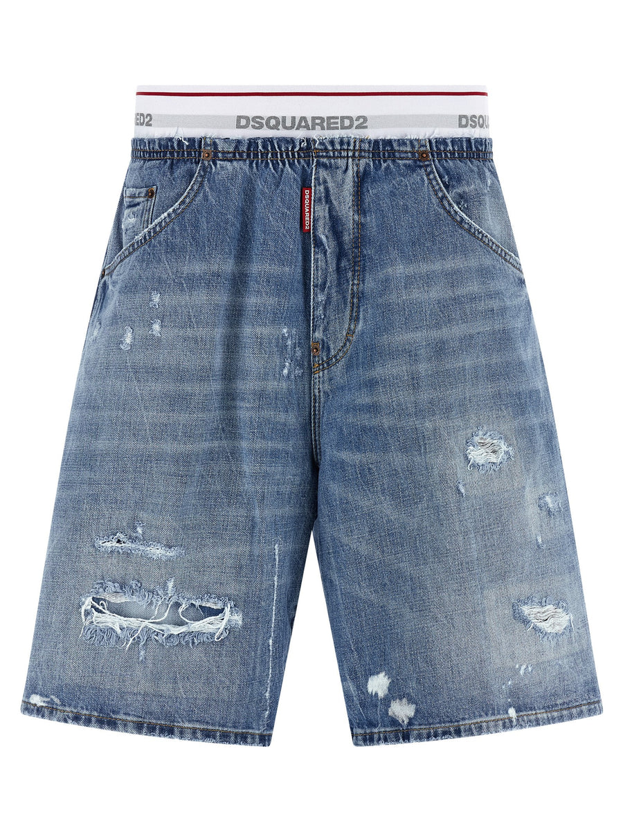 Dsquared2 Surfer Bermuda Shorts For Men Stonewashed 13oz Cotton Denim Blue Elastic Waist