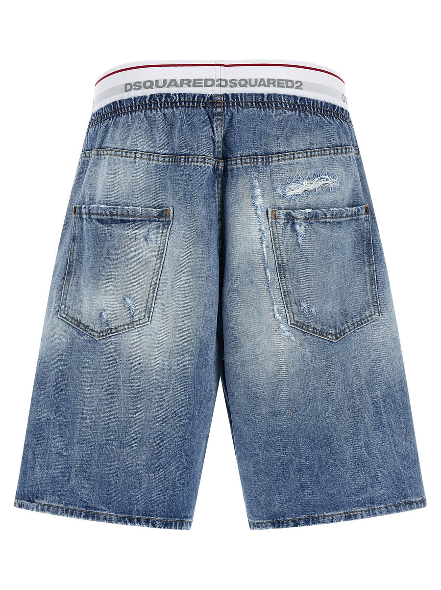 Dsquared2 Surfer Bermuda Shorts For Men Stonewashed 13oz Cotton Denim Blue Elastic Waist