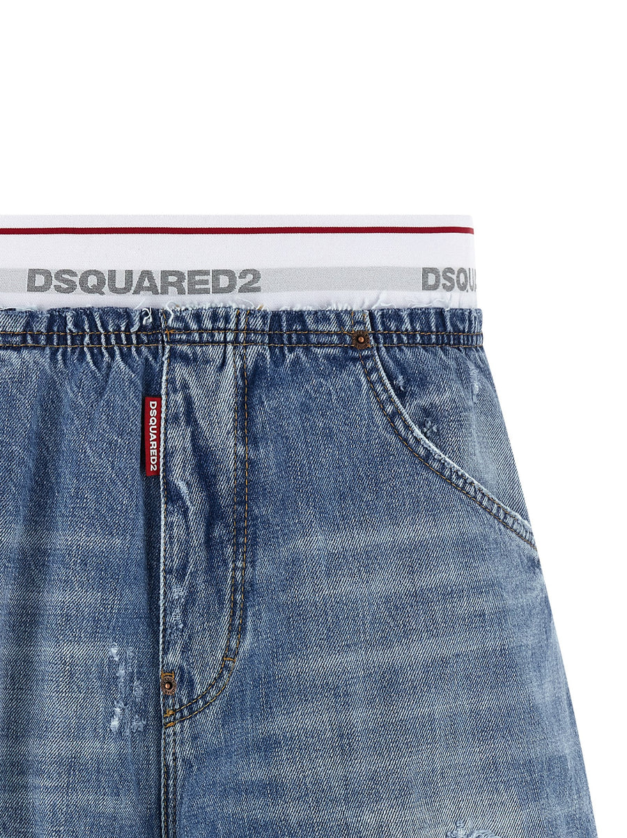 Dsquared2 Surfer Bermuda Shorts For Men Stonewashed 13oz Cotton Denim Blue Elastic Waist