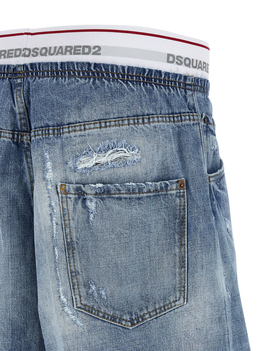 Dsquared2 Surfer Bermuda Shorts For Men Stonewashed 13oz Cotton Denim Blue Elastic Waist