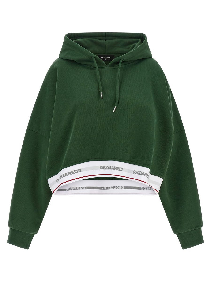 Dsquared2 Onion Cropped Green Cotton Hoodie With Dropped Shoulders