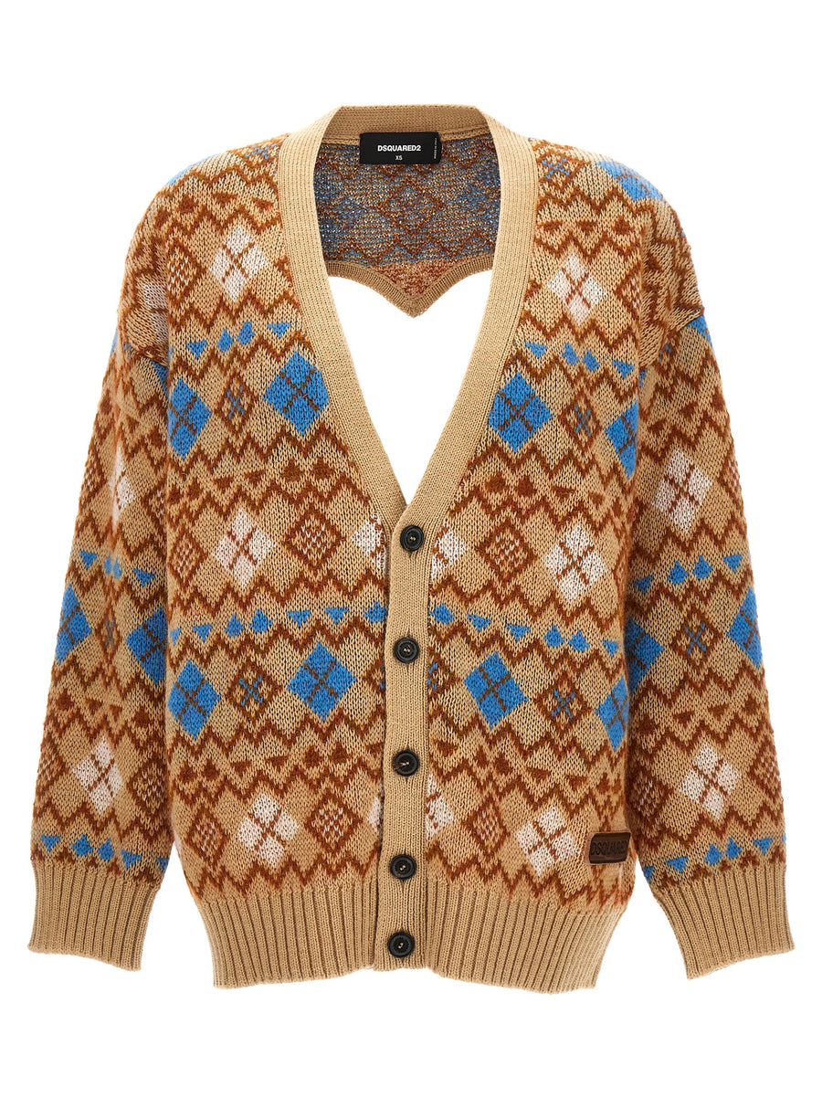 Dsquared2 Heart Vintage Shetland Cardigan For Women Wool Blend Jacquard With Back Cutout