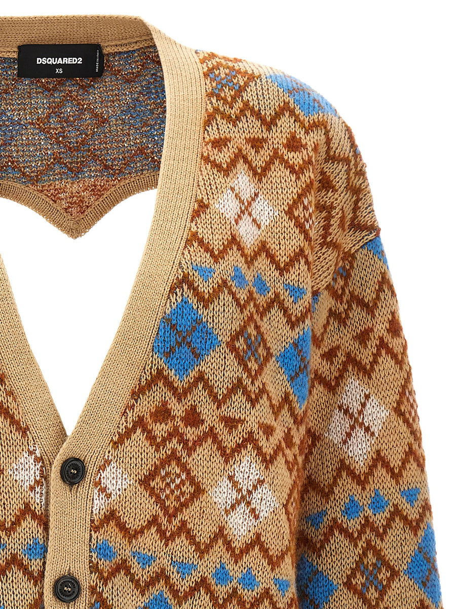 Dsquared2 Heart Vintage Shetland Cardigan For Women Wool Blend Jacquard With Back Cutout