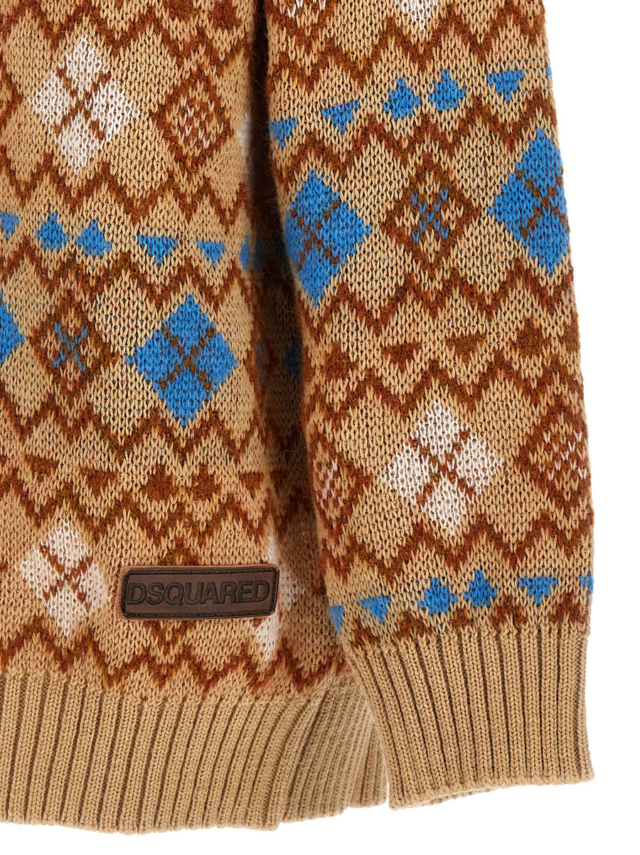 Dsquared2 Heart Vintage Shetland Cardigan For Women Wool Blend Jacquard With Back Cutout