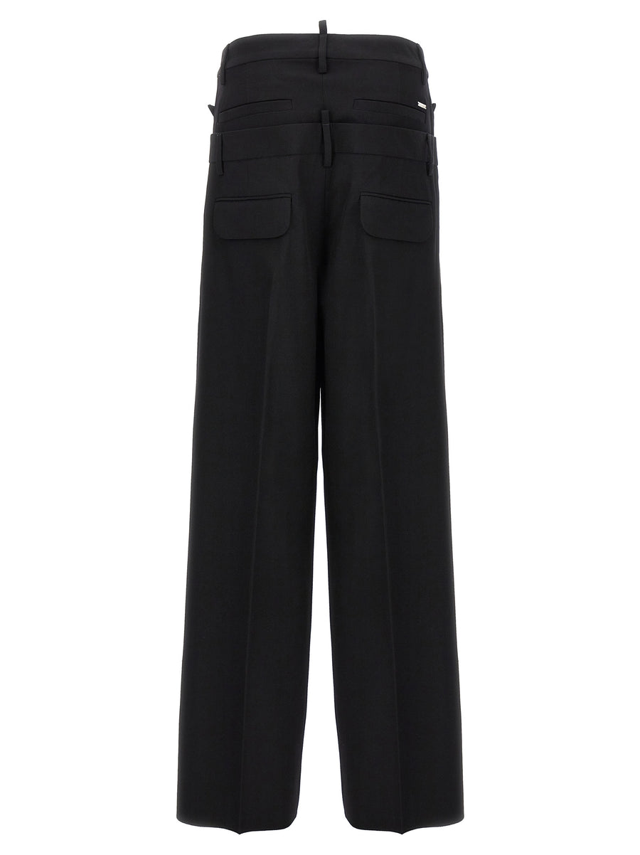 Dsquared2 Virgin Wool Wide Leg Trousers Black With Double Waist Detail For Women Twin Pack Premium Tailoring