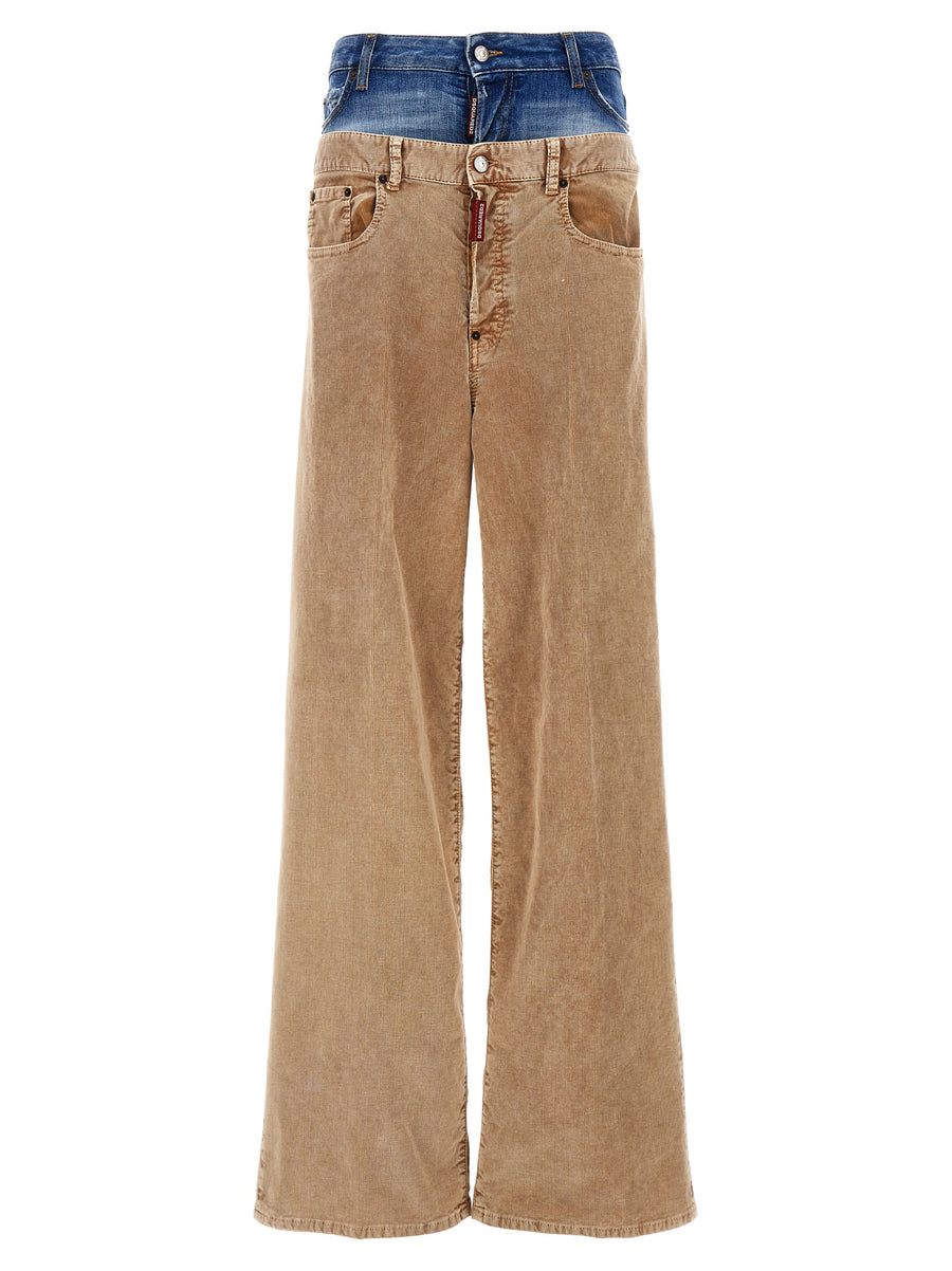 Dsquared2 Twin Pack Pants For Women Premium Wide Leg Beige Corduroy With Denim Insert