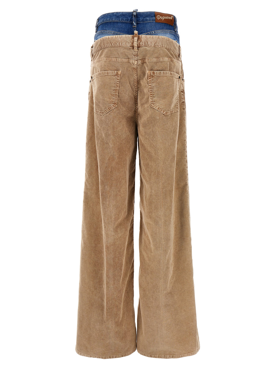 Dsquared2 Twin Pack Pants For Women Premium Wide Leg Beige Corduroy With Denim Insert