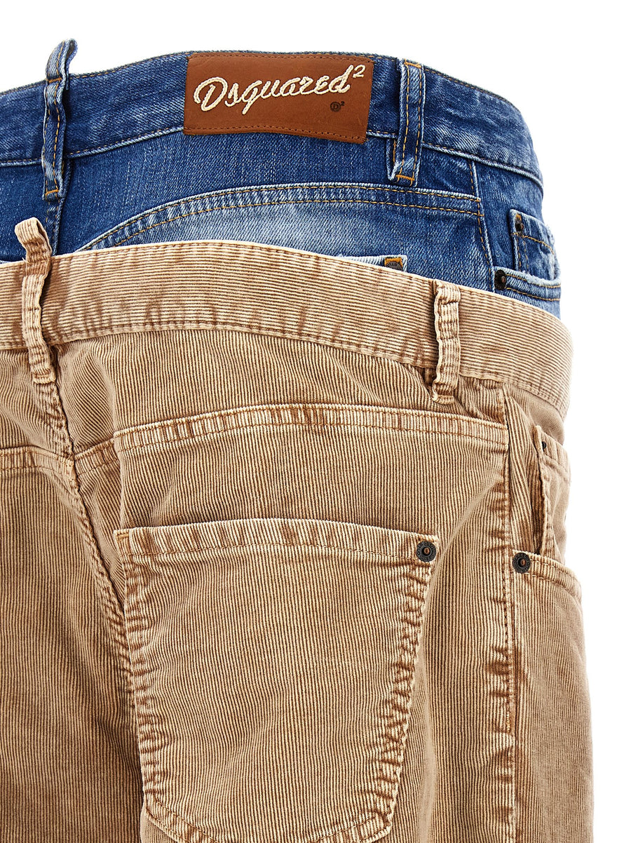 Dsquared2 Twin Pack Pants For Women Premium Wide Leg Beige Corduroy With Denim Insert