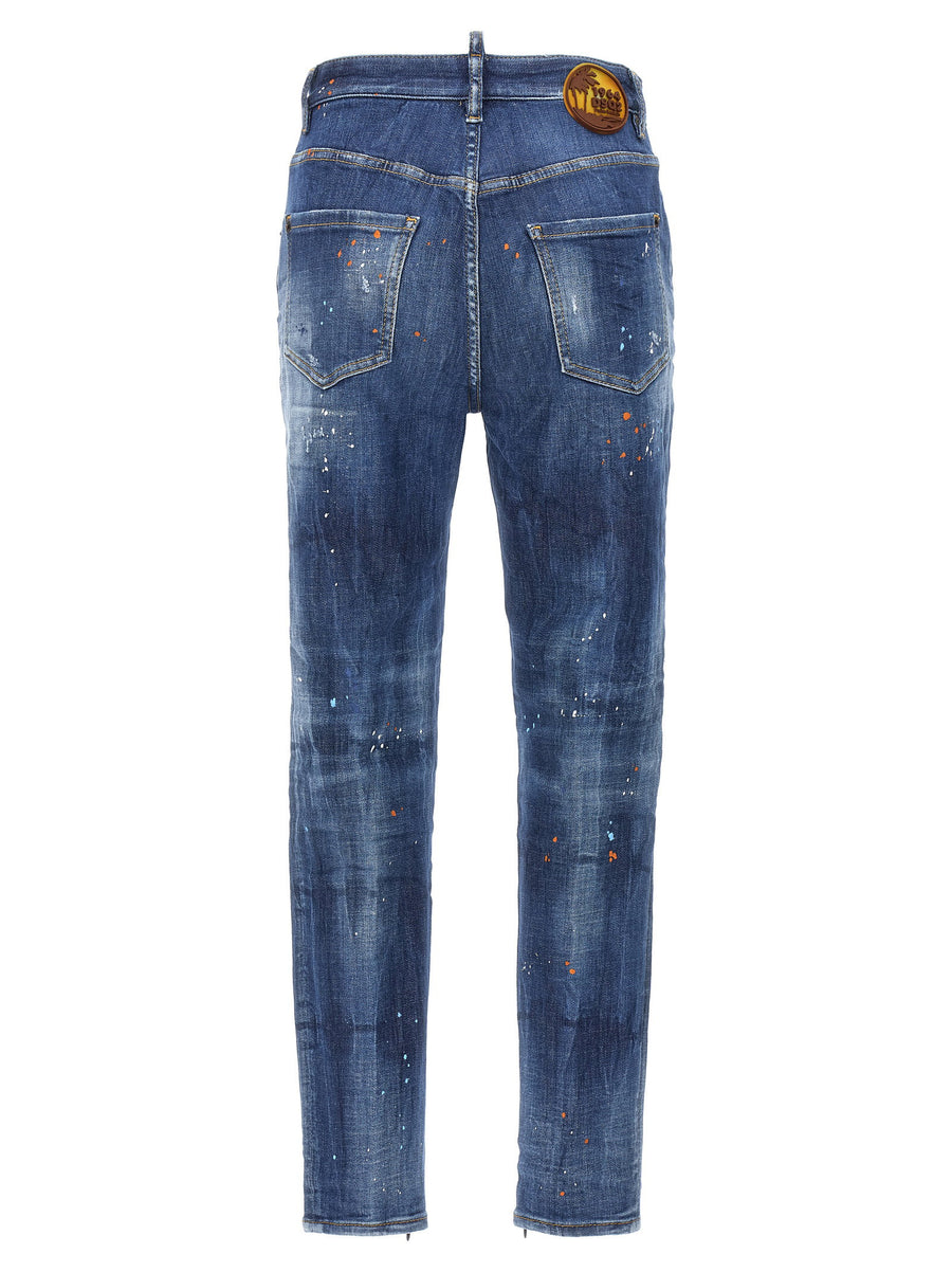 Dsquared2 Twiggy Jeans Distressed High Rise Denim With Paint Accents For Women Premium Comfort