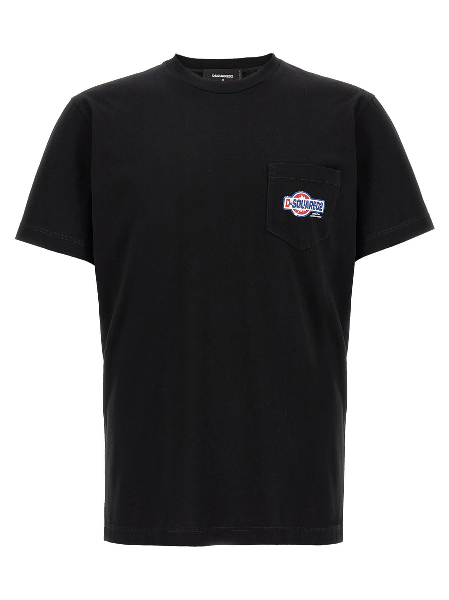 Dsquared2 Cool Fit Black Cotton Crewneck T Shirt With Patch Pocket Logo Print