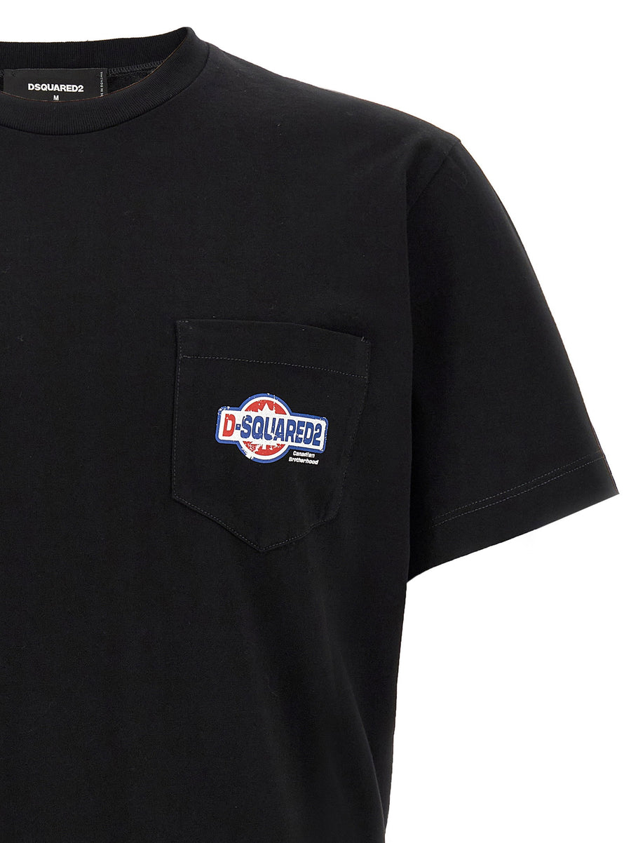 Dsquared2 Cool Fit Black Cotton Crewneck T Shirt With Patch Pocket Logo Print