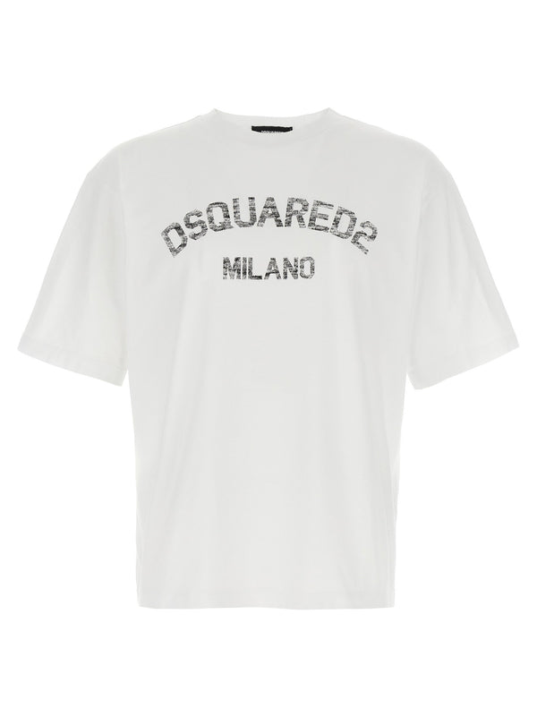 Dsquared2 White Loose Fit Cotton T Shirt With Vintage Print