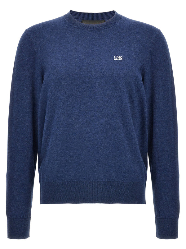Dsquared2 Mens Blue Melange Cotton Crewneck Sweater With Signature Logo Patch Everyday Luxury