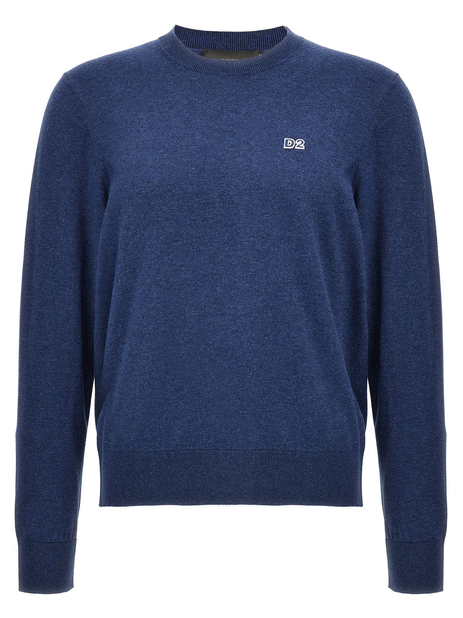 Dsquared2 Mens Blue Melange Cotton Crewneck Sweater With Signature Logo Patch Everyday Luxury