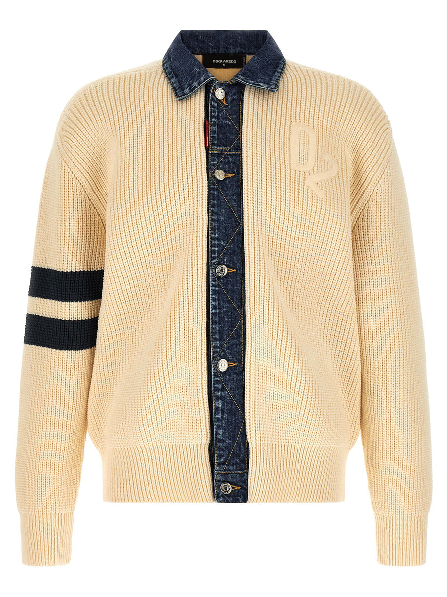 Dsquared2 Denim Mix D2 Cardigan for Men Casual Smart Knit With Denim Detailing Embroidery