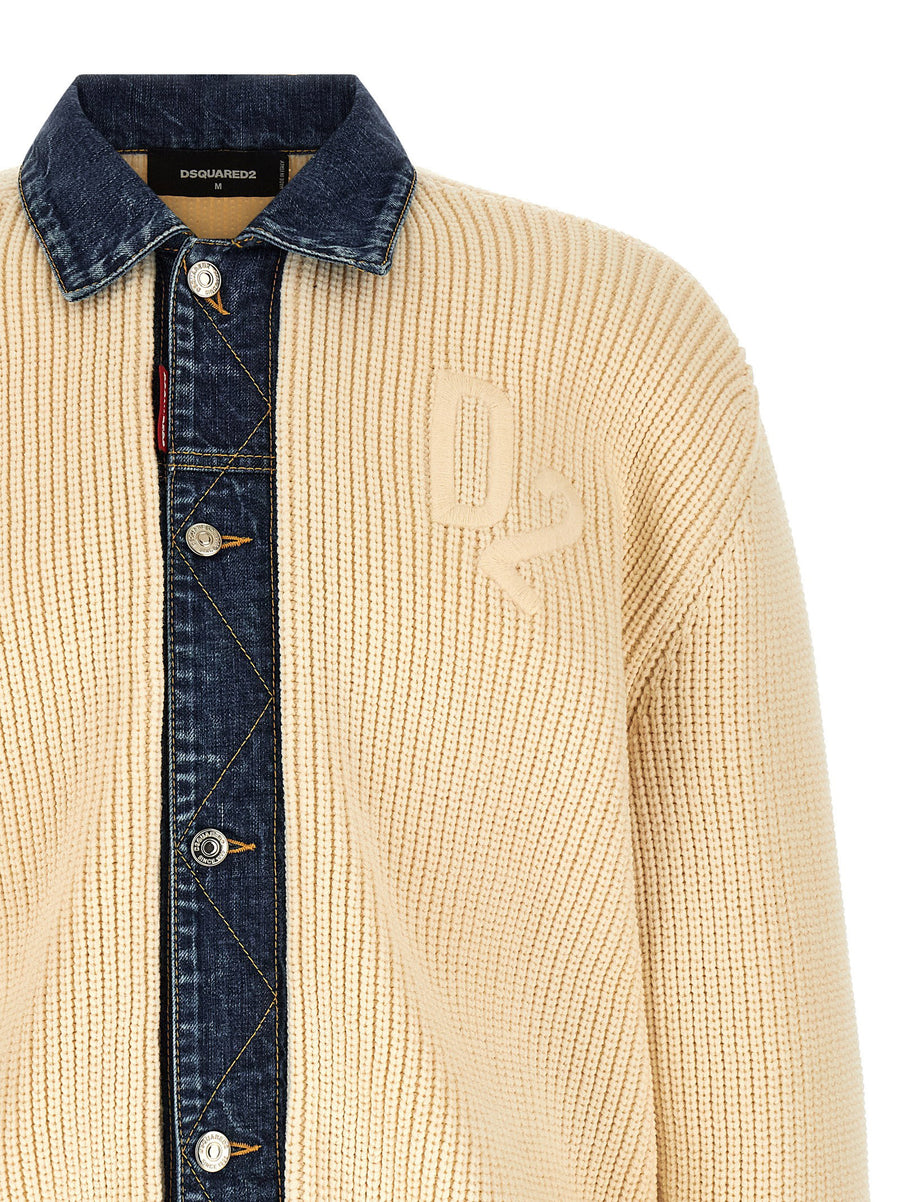 Dsquared2 Denim Mix D2 Cardigan for Men Casual Smart Knit With Denim Detailing Embroidery