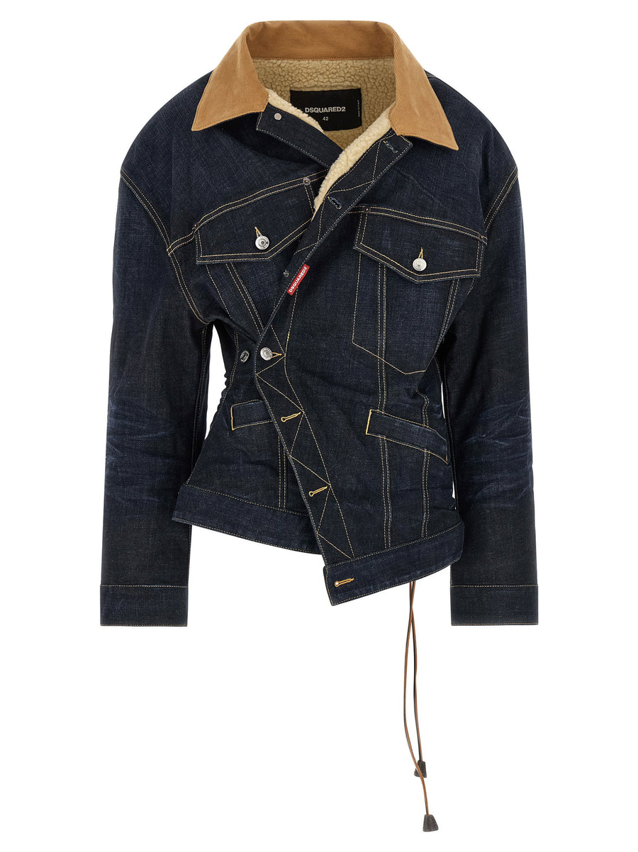 Dsquared2 Wrap Over Denim Jacket With Corduroy Collar And Double Closure Blue