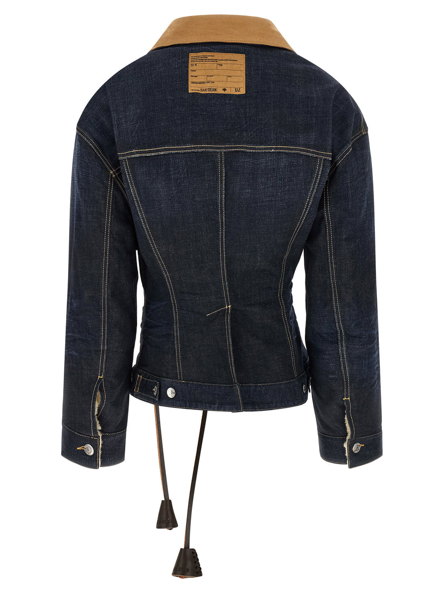 Dsquared2 Wrap Over Denim Jacket With Corduroy Collar And Double Closure Blue