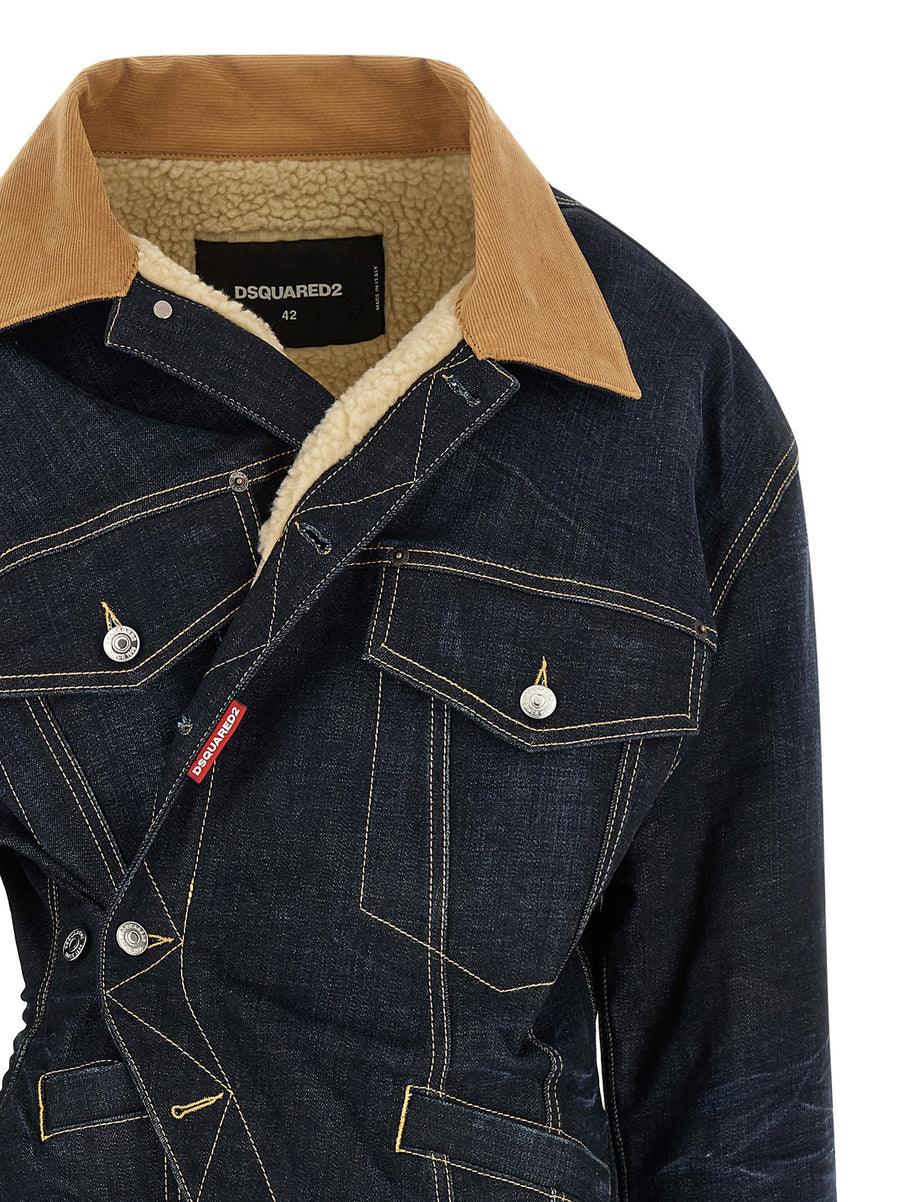 Dsquared2 Wrap Over Denim Jacket With Corduroy Collar And Double Closure Blue