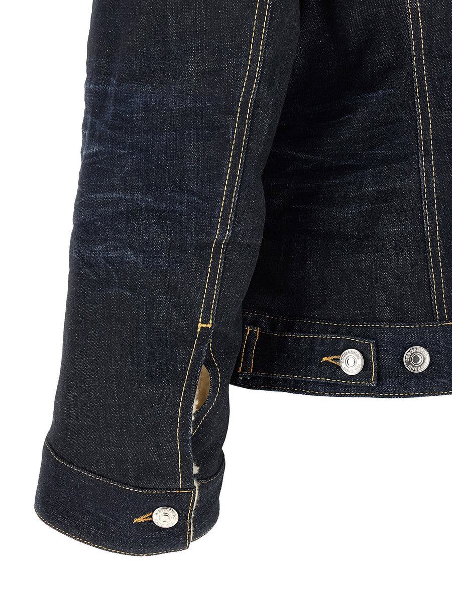 Dsquared2 Wrap Over Denim Jacket With Corduroy Collar And Double Closure Blue