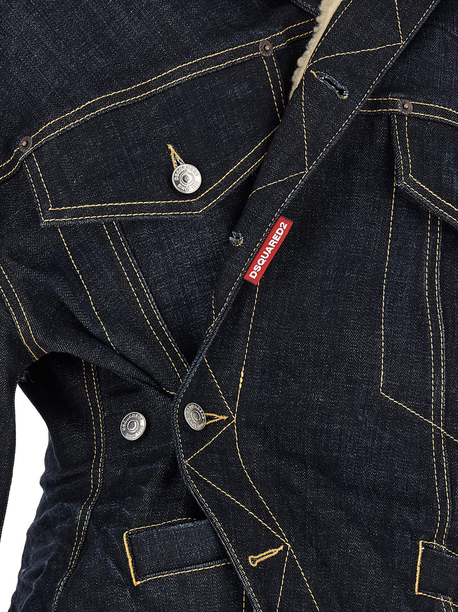 Dsquared2 Wrap Over Denim Jacket With Corduroy Collar And Double Closure Blue