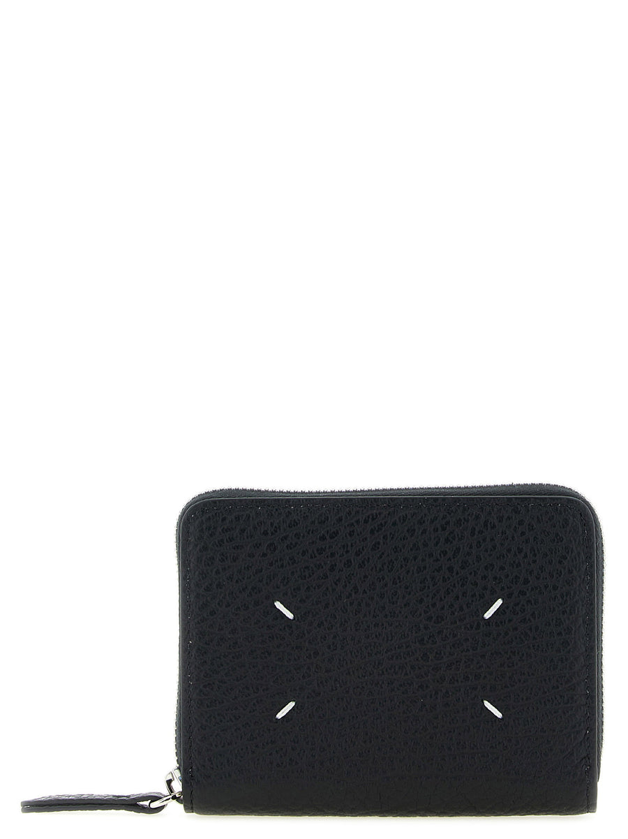 Maison Margiela Four Stitches Small Wallet Calfskin Leather Black Compact Zip Around Silver Trim For Men