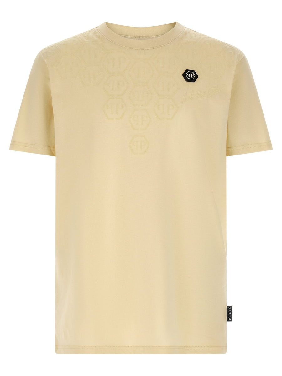Philipp Plein Monogram T Shirt for Men Premium 100 Percent Cotton Beige Crew Neck Flocked Monogram Logo