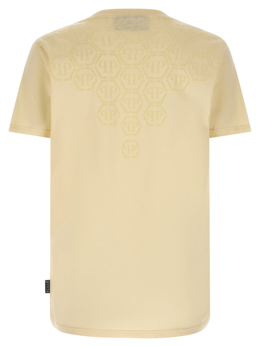 Philipp Plein Monogram T Shirt for Men Premium 100 Percent Cotton Beige Crew Neck Flocked Monogram Logo