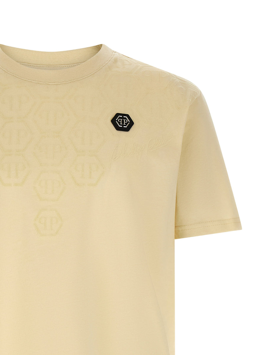 Philipp Plein Monogram T Shirt for Men Premium 100 Percent Cotton Beige Crew Neck Flocked Monogram Logo