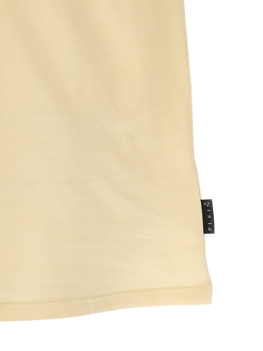 Philipp Plein Monogram T Shirt for Men Premium 100 Percent Cotton Beige Crew Neck Flocked Monogram Logo