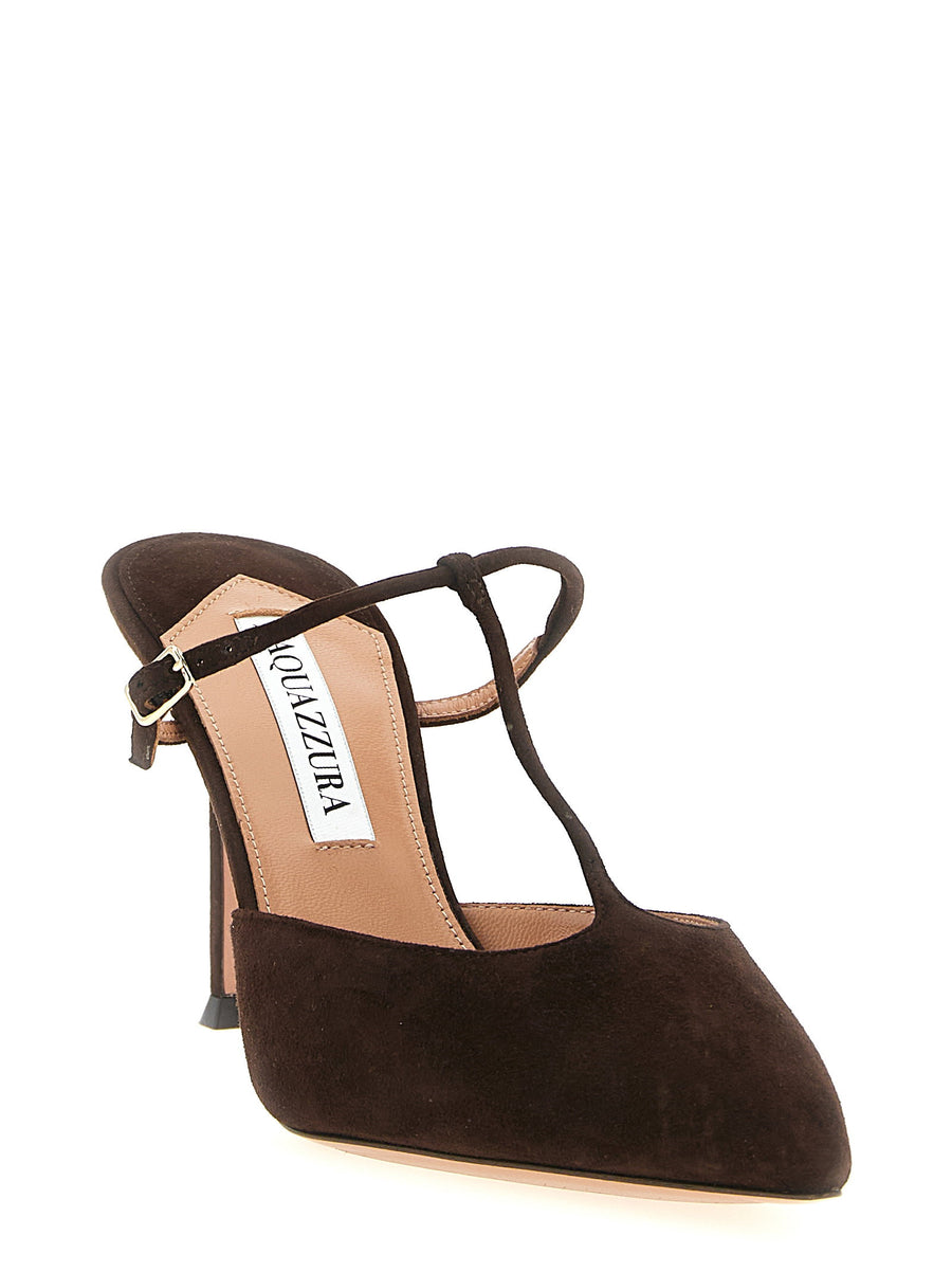 Aquazzura Sorbonne Mules Luxurious Pointed Toe Pumps With Adjustable Strap in Brown Goat Leather for Women