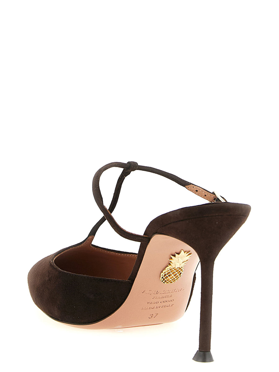 Aquazzura Sorbonne Mules Luxurious Pointed Toe Pumps With Adjustable Strap in Brown Goat Leather for Women