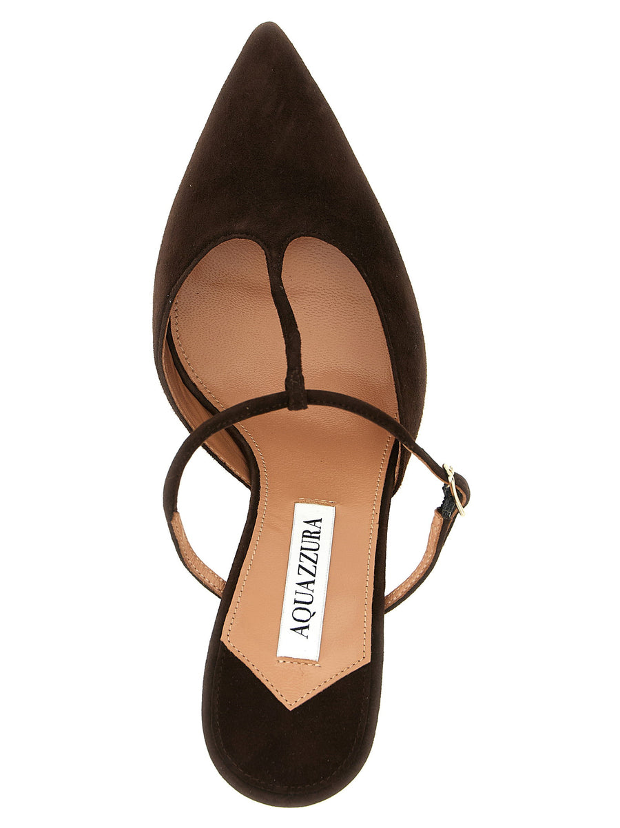 Aquazzura Sorbonne Mules Luxurious Pointed Toe Pumps With Adjustable Strap in Brown Goat Leather for Women